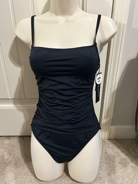 NWT LaBlanca Black Ruched One-Piece Swimsuit with Thin Straps Sz 6